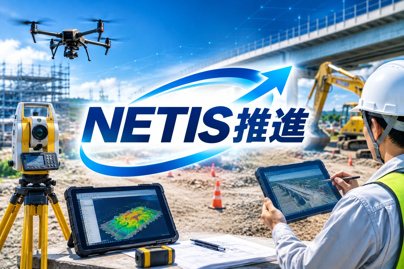 建設現場でドローン、3次元測量、タブレット等の新技術活用を表現したNETIS推進イメージ